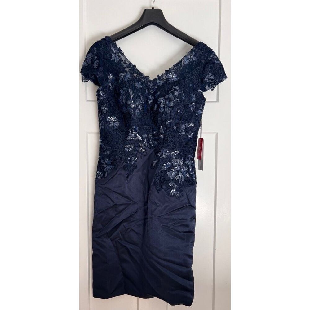 JJ's House Cocktail Party Dress Navy Sequin Lace Knee Length Cap Sleeve SIZE 10